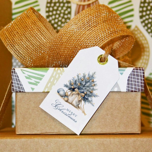 Étiquettes-cadeau Elégant Joyeux Arbre de Noël Or bleu Aquarelle (Créateur téléchargé)