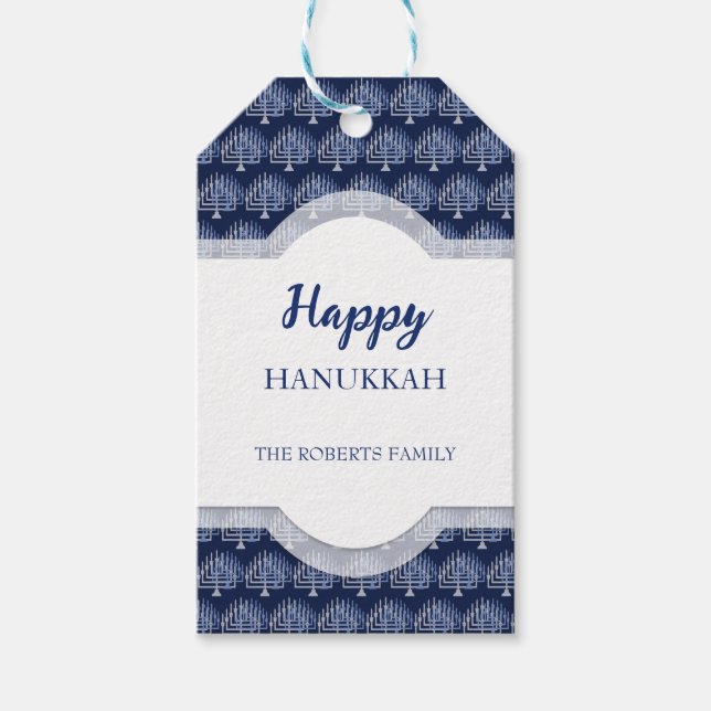 Étiquettes-cadeau Elégant Joyeux Hanoukka Menorah Motif bleu (Devant)
