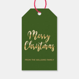 Étiquettes-cadeau Élégant Joyeux script de Noël or métallique vert