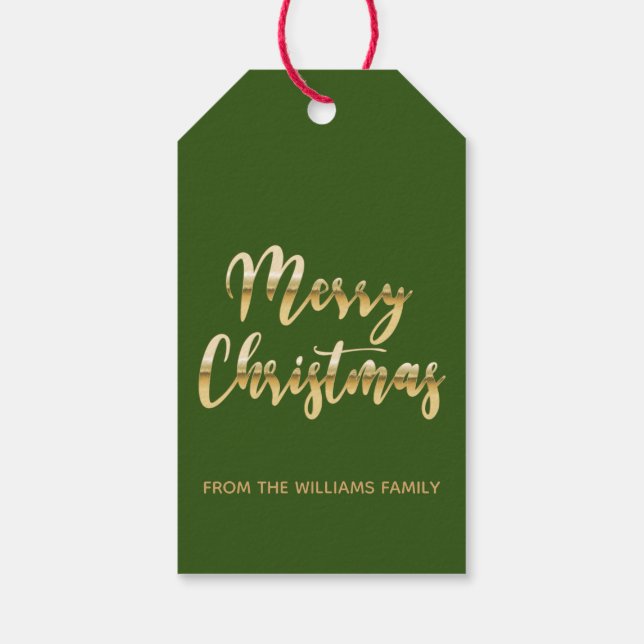 Étiquettes-cadeau Élégant Joyeux script de Noël or métallique vert (Dos)