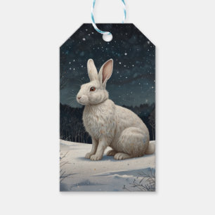 Étiquettes-cadeau Elégant lapin blanc Noël forêt enneigée