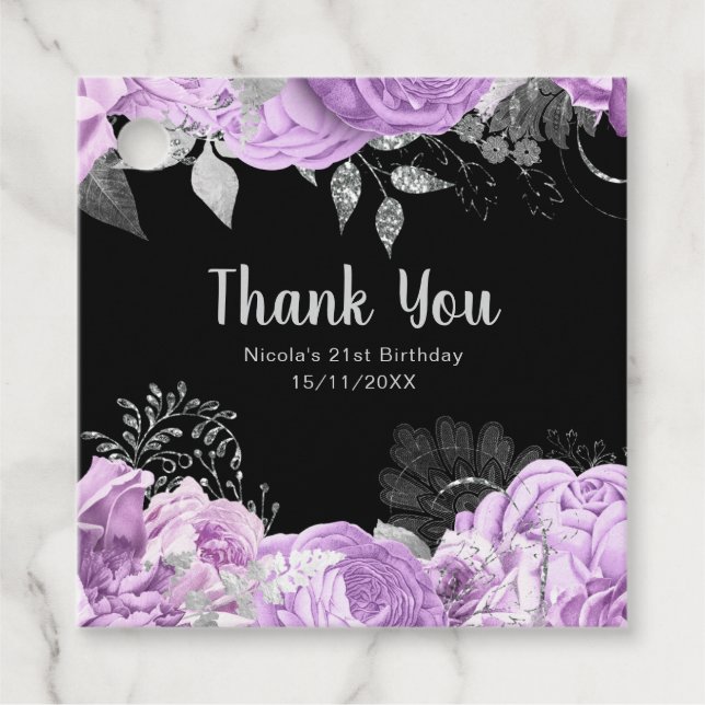 Étiquettes Cadeau Elegant Lilac and Silver Flowers Birthday Party (Devant)