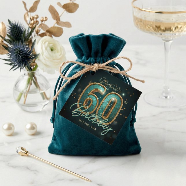 Étiquettes Cadeau Elegant Luxurious Teal and Gold 60th Birthday (Créateur téléchargé)