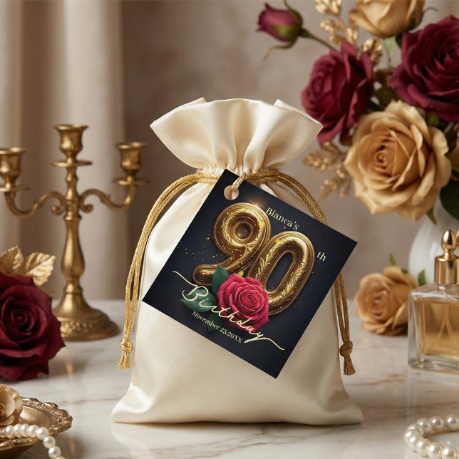 Étiquettes Cadeau Elegant Luxury Black Gold Red Rose 90th Birthday (Créateur téléchargé)