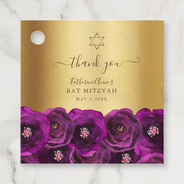 Étiquettes Cadeau Elegant Magenta Floral Gold Bat Mitzvah Thank You (Devant)