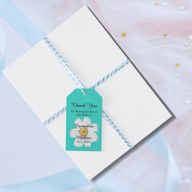 Étiquettes-cadeau Élégant marguerite romantique Mariage de Merci Tur (Elegant Romantic Daisy Turquoise Thank You Wedding Gift Tags)