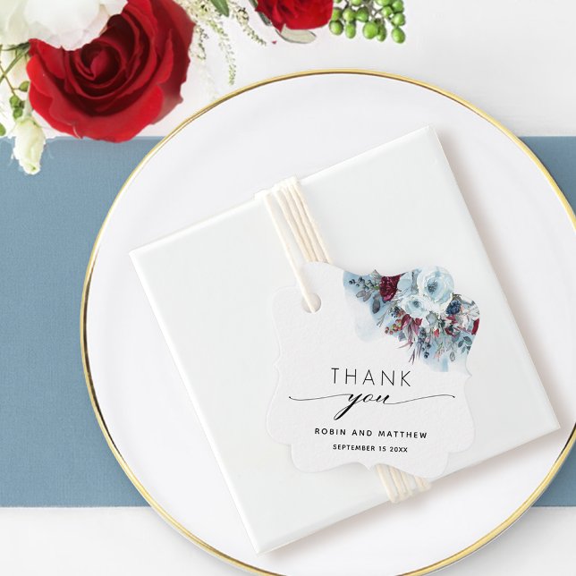 Étiquettes Cadeau Elégant Mariage bleu Bourgogne et rouge floral (Créateur téléchargé)