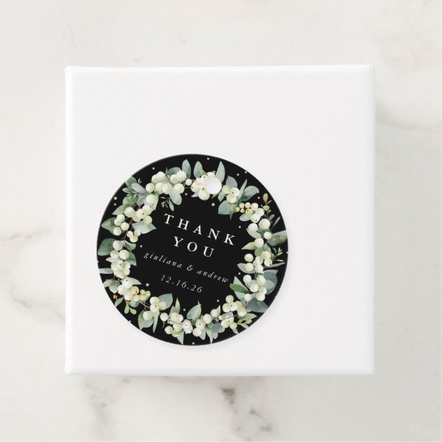 Étiquettes Cadeau Elégant Mariage de courge Black Snowberry+Eucalypt (En situation)