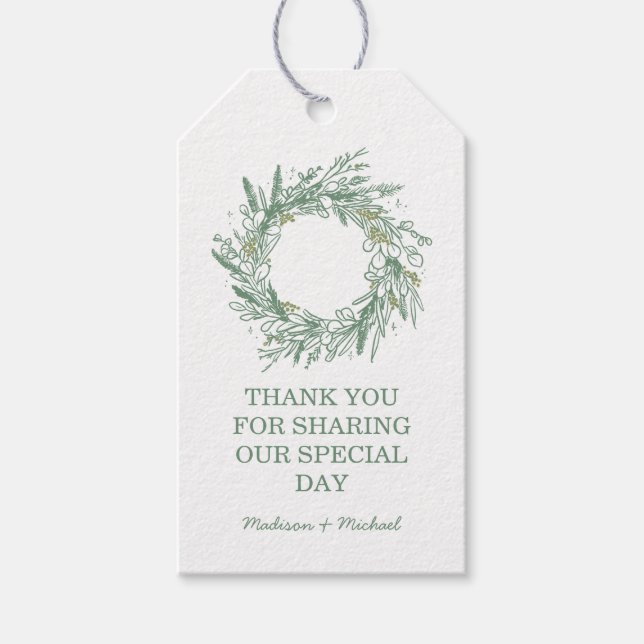 Étiquettes-cadeau Élégant Mariage de couronne végétale d'hiver vert (Devant)