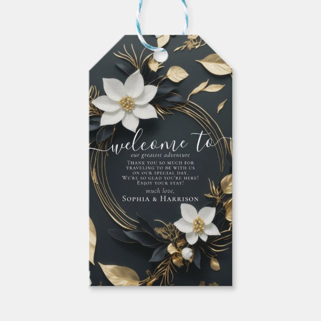 Étiquettes-cadeau Élégant Mariage de couronnes florales noir blanc e (Devant)