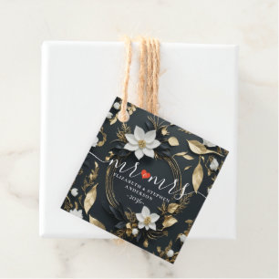 Étiquettes Cadeau Élégant Mariage de couronnes florales noir blanc e