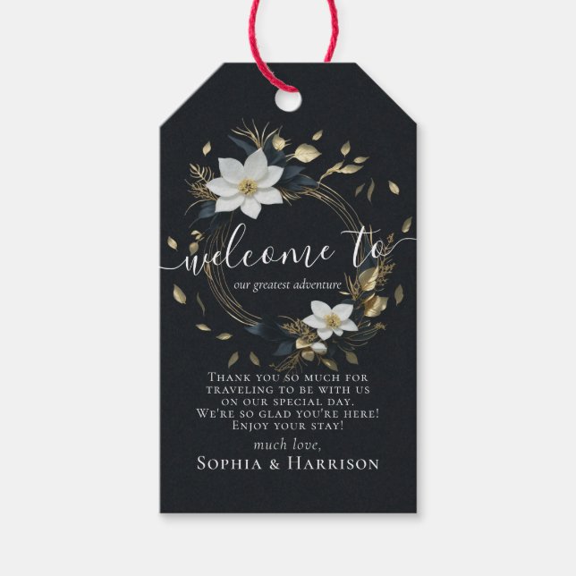 Étiquettes-cadeau Élégant Mariage de couronnes florales noir blanc e (Devant)