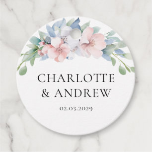 Étiquettes Cadeau Élégant Mariage de Fleurs Roses Bleues