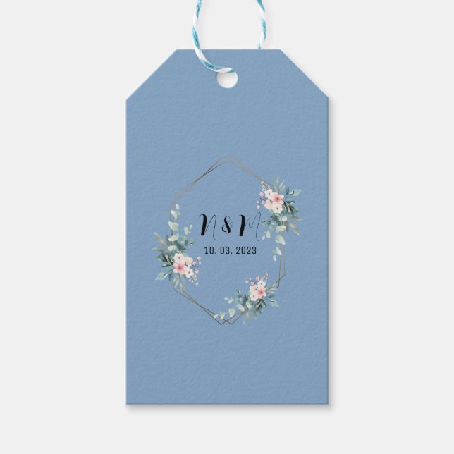 Étiquettes-cadeau Élégant Mariage de Monogramme Bleu Eucalyptus (Devant)