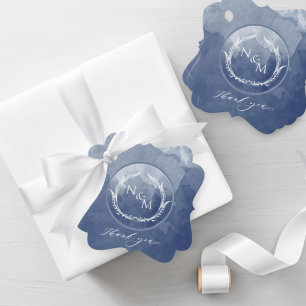 Étiquettes Cadeau Élégant Mariage de monogramme bleu marine