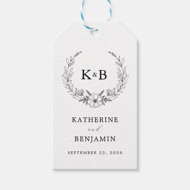 Étiquettes-cadeau Élégant Mariage de monogramme de couronne florale (Devant)