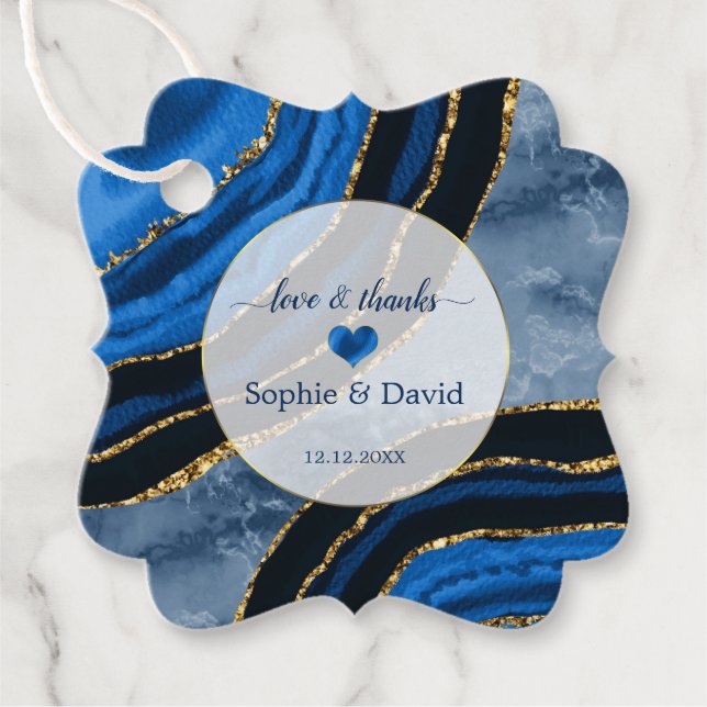 Étiquettes Cadeau Élégant Mariage en marbre or marbré bleu marine (Devant)