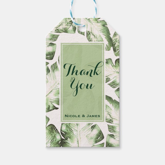 Étiquettes-cadeau Élégant Mariage Feuilles de Plage Tropicale Vert B (Devant)