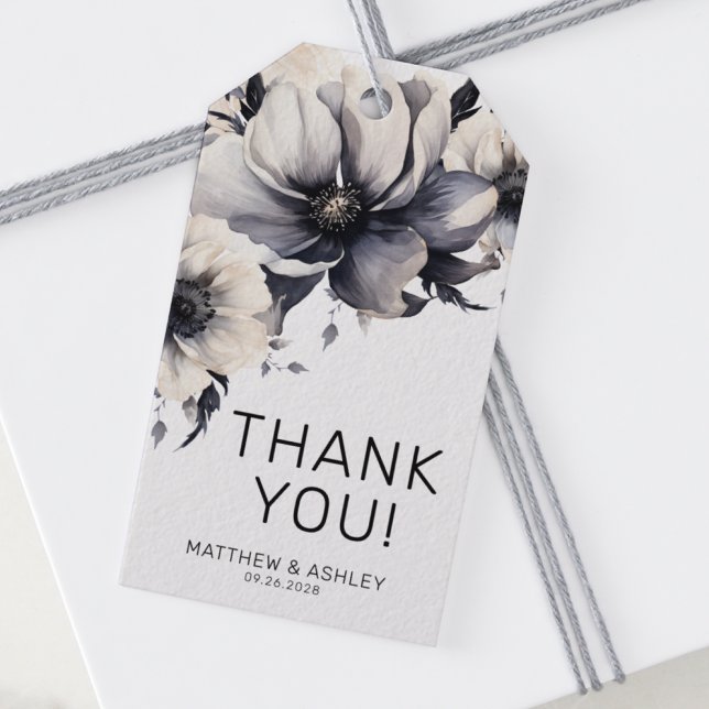 Étiquettes-cadeau Élégant Mariage Floral Blanc Noir (Chic Elegant Thank You Floral Black White Wedding Gift Tags)