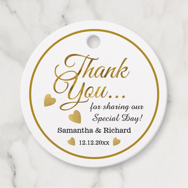 Étiquettes Cadeau Élégant Mariage Gold Heart Merci (Devant)