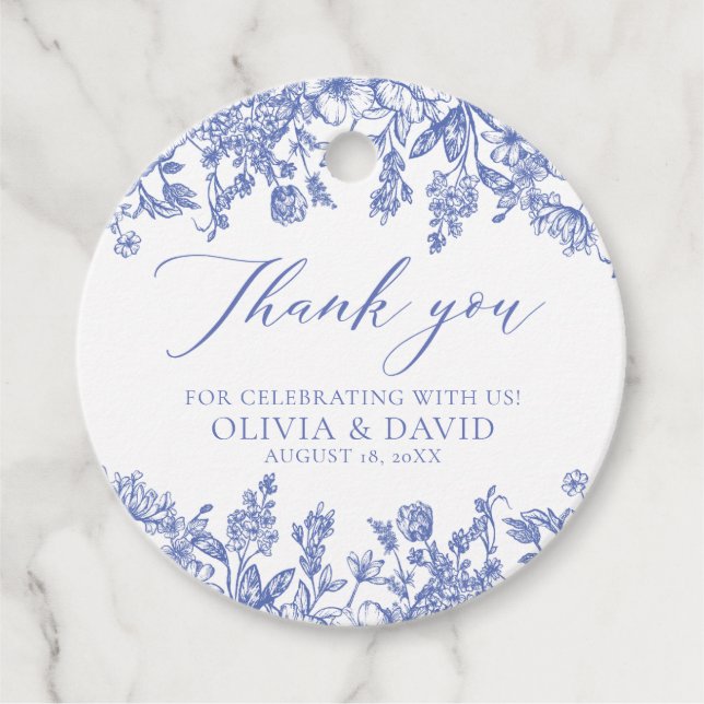 Étiquettes Cadeau Élégant mariage victorien français bleu floral (Devant)