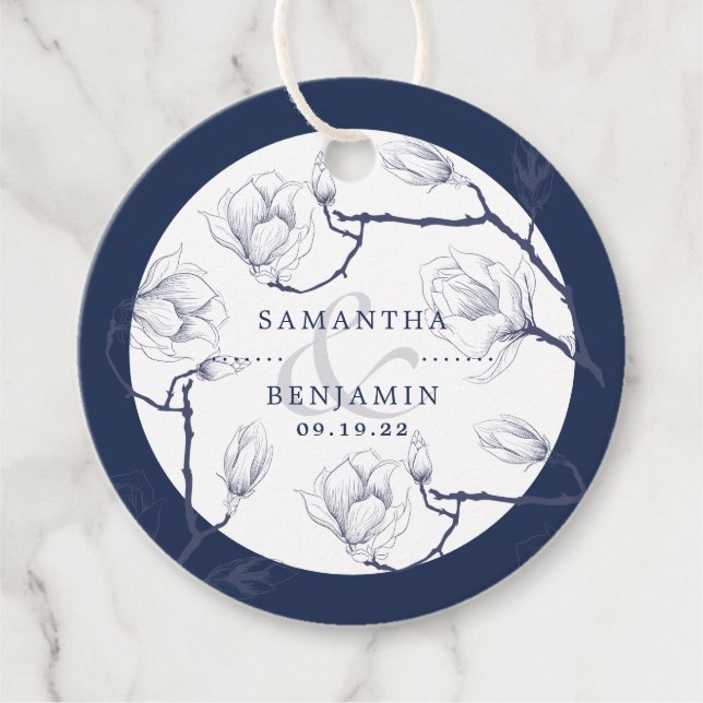 Étiquettes Cadeau Elégant Marine & Blanc Mariage Floral Merci (Devant)