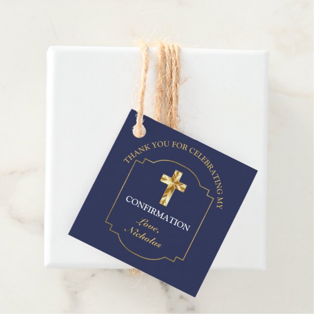 Étiquettes Cadeau Elégant Marine Blue Gold Boys Confirmation Merci (En situation)