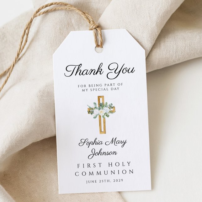 Étiquettes-cadeau Élégant Merci de communion de la première croix fl (Elegant Floral Cross First Communion Thank You Gift Tags)