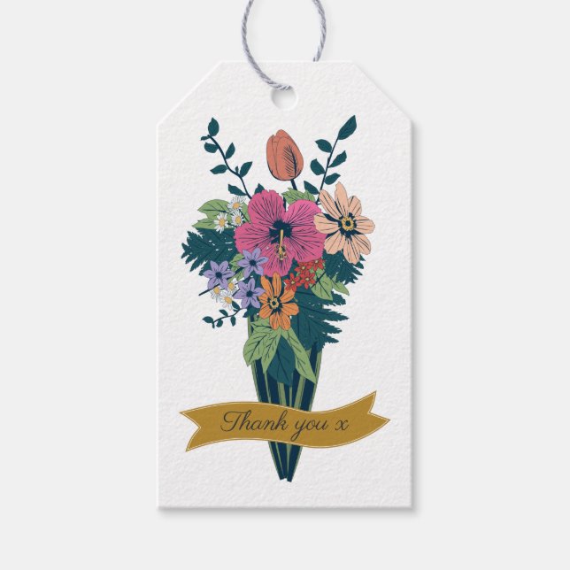 Étiquettes-cadeau Élégant Merci en ruban de bouquet de fleurs (Devant)