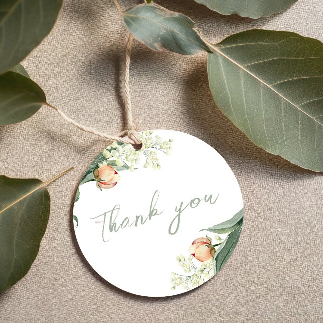 Étiquettes Cadeau Élégant Merci Floral Pêche Mariage (Elegant peach floral wedding favor tag.)