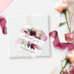 Étiquettes Cadeau Élégant Merci floral rose et bleu Bourgogne
