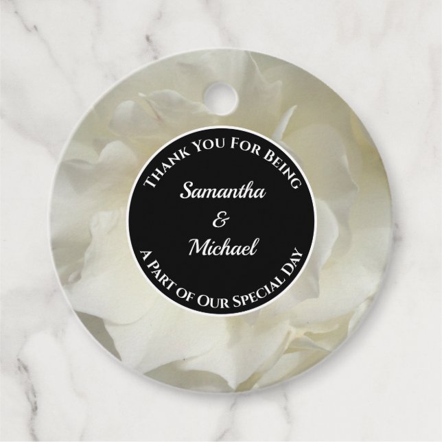 Étiquettes Cadeau Élégant Merci invité Rose blanche Mariage photo (Devant)