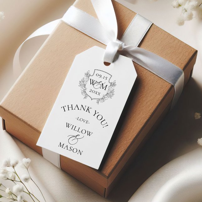 Étiquettes-cadeau Élégant Merci Mariage Monogramme Vintage (Elegant Vintage Monogram Wedding Thank You Gift Tags)