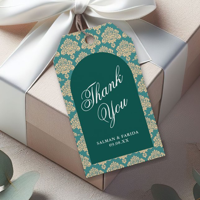 Étiquettes-cadeau Élégant Merci Mariage Turquoise Damask Arch (Créateur téléchargé)