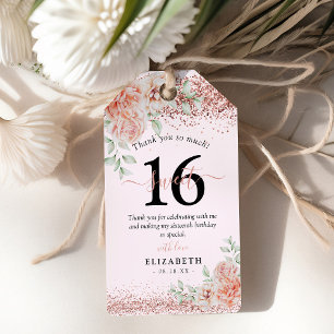 Étiquettes-cadeau Élégant Merci rose floral 16e anniversaire