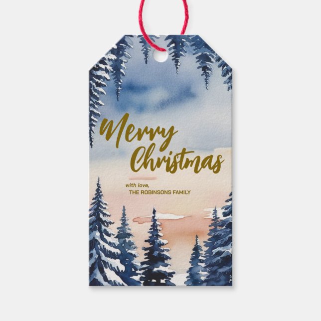 Étiquettes-cadeau Élégant Merry xmas forêt arbre Gold script Holiday (Devant)