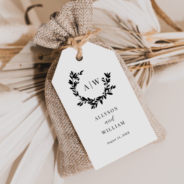 Étiquettes-cadeau Élégant Monogram Crest Photo Mariage botanique (Créateur téléchargé)
