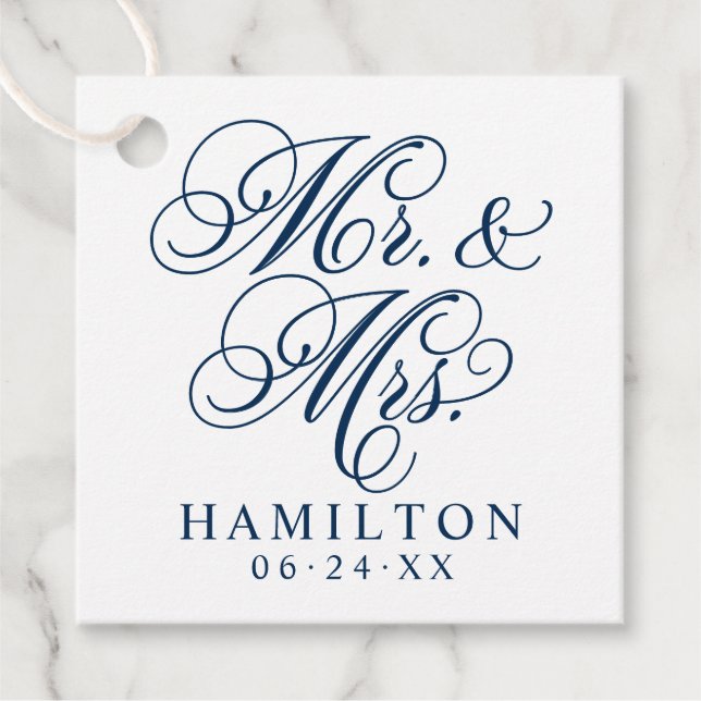 Étiquettes Cadeau Élégant monogramme en script de M. et Mme en marin (Devant)