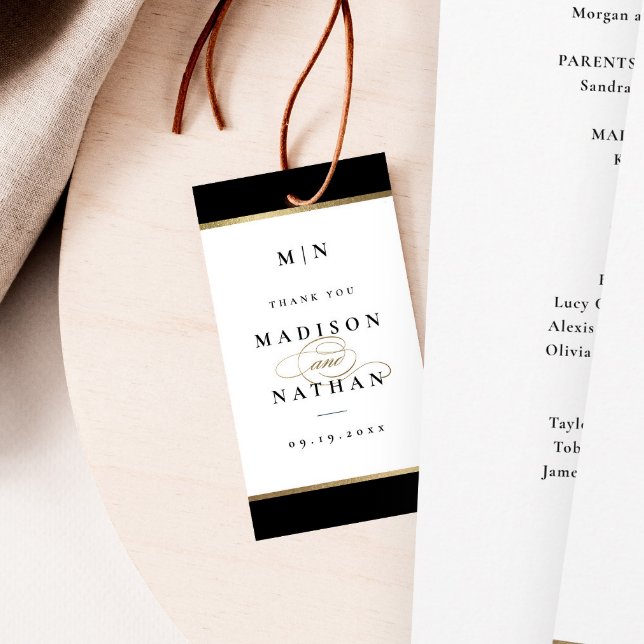 Étiquettes-cadeau Élégant Monogramme Mariage noir et or (Elegant black and gold wedding thank you favor tag.)