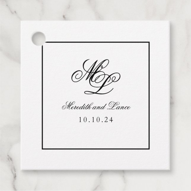 Étiquettes Cadeau Élégant Monogramme noir et blanc Script (Devant)