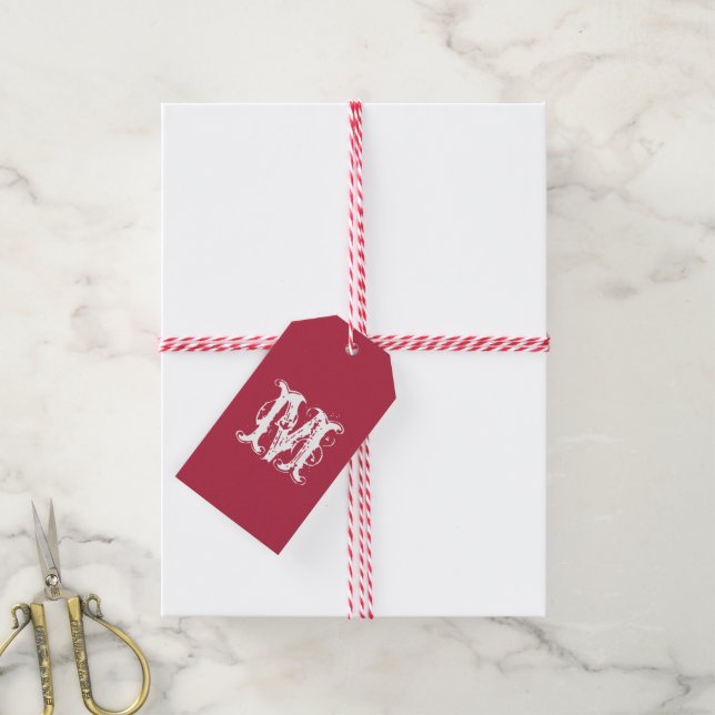 Étiquettes-cadeau Élégant Monogramme personnalisé rouge et blanc (Avec de la ficelle)