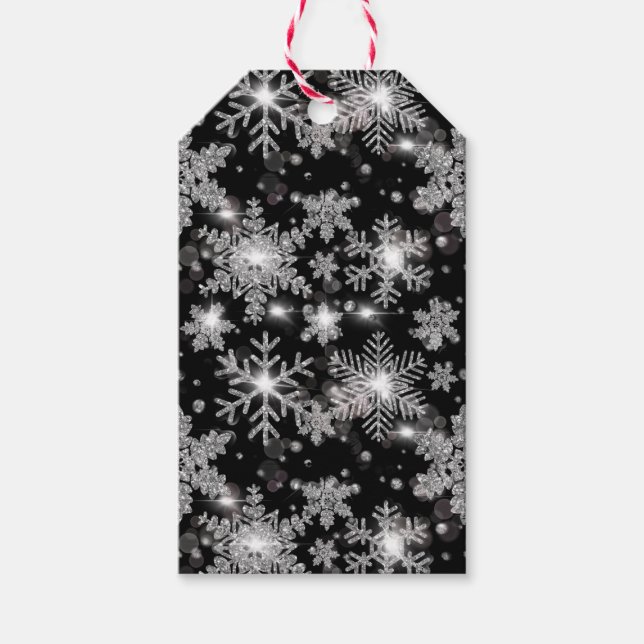 Étiquettes-cadeau Élégant Noël noir blanc argent flocons de neige (Devant)