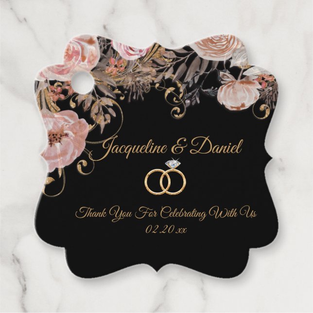 Étiquettes Cadeau Elégant noir bleu Aquarelle Rose or Floral (Devant)