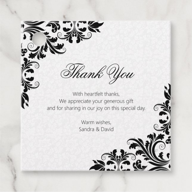 Étiquettes Cadeau Élégant noir dentelle blanc Damas (Devant)