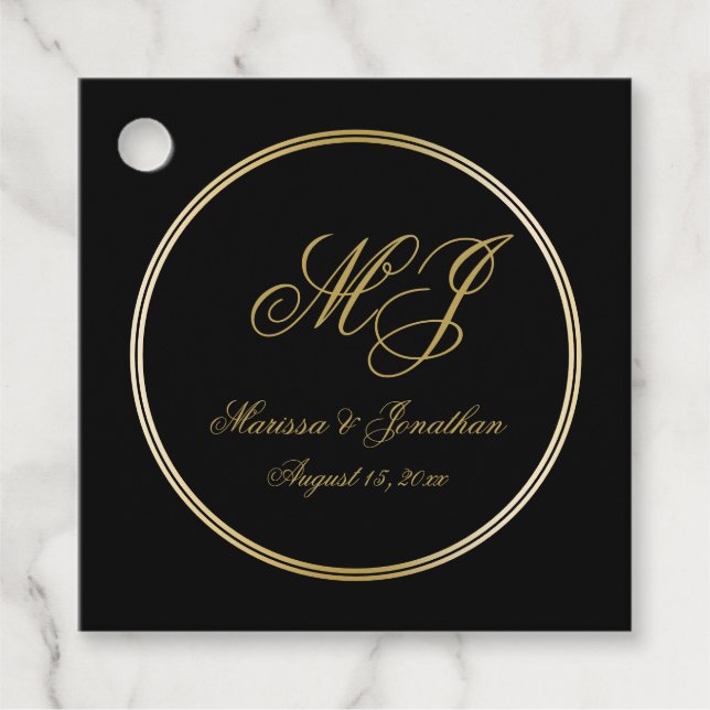 Étiquettes Cadeau Élégant Noir Monogramme Nom Mariage Merci (Devant)