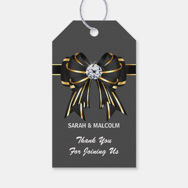 Étiquettes-cadeau Élégant noir or gris gris formel arc satin diamant (Devant)