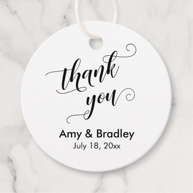 Étiquettes Cadeau Élégant, noir sur Merci Mariage blanc (Devant)