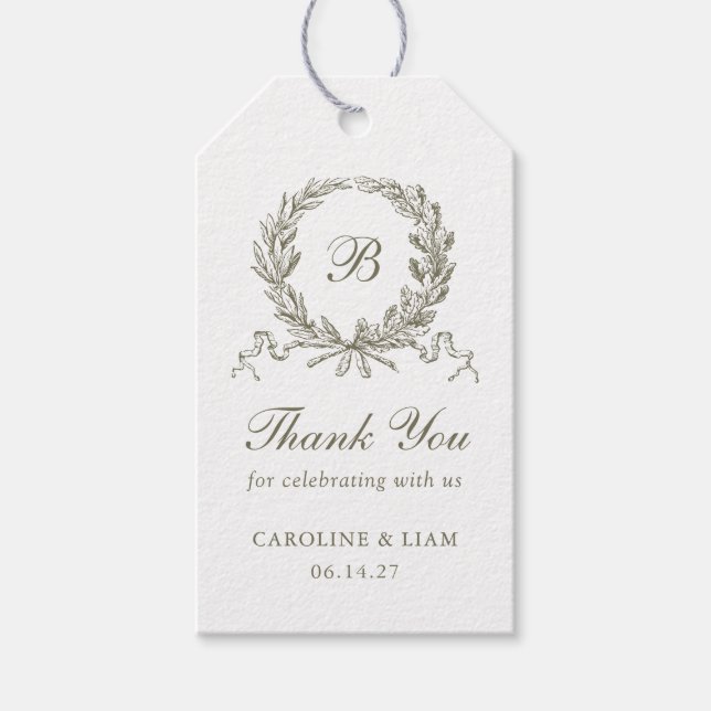 Étiquettes-cadeau Élégant Olive Chêne Crest Mariage Monogramme (Devant)