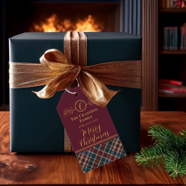 Étiquettes-cadeau Élégant or Monogramme Plaid - Cranberry Blue Turqu (Elegant Gold Monogram Plaid Cranberry, Blue and Teal "Merry Christmas" Gift Tags)