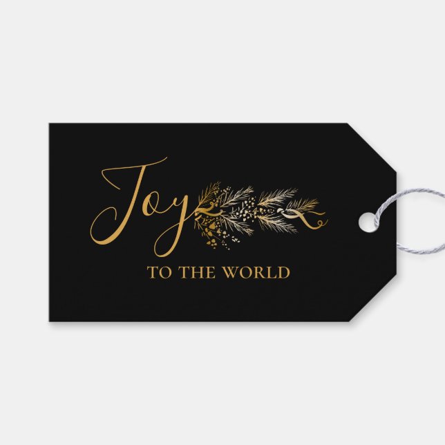 Étiquettes-cadeau Elégant or Noir Botanique Moderne Joie Noël (Devant (Horizontal))